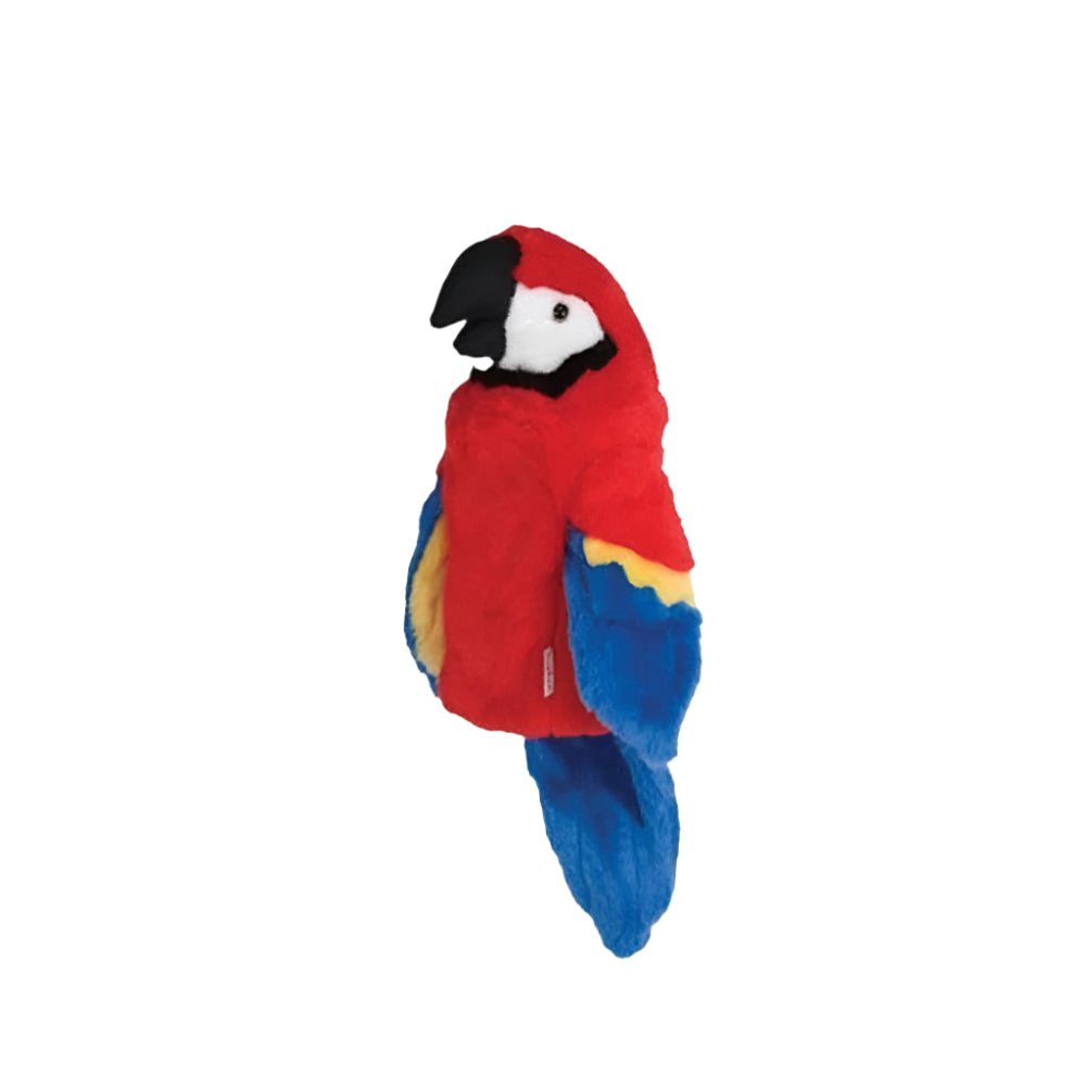 A multicolored plush golf club headcover designed to resemble a parrot.