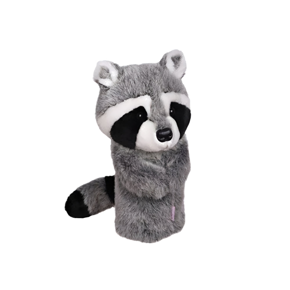 Golf club headcover designed to resemble a raccoon with a gray, black, and white color scheme.