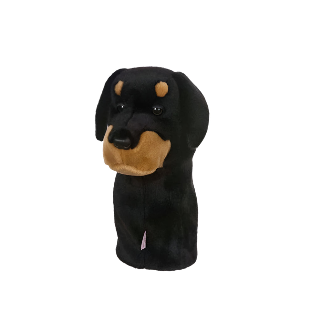 Golf club headcover designed to resemble a dog's head, primarily black with brown details for the face.