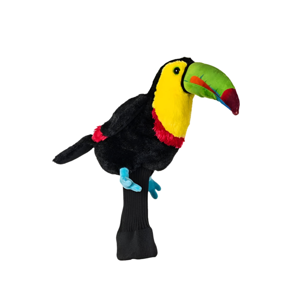 A multicolored golf club headcover designed to resemble a toucan with a predominantly black body and colorful beak and wings.