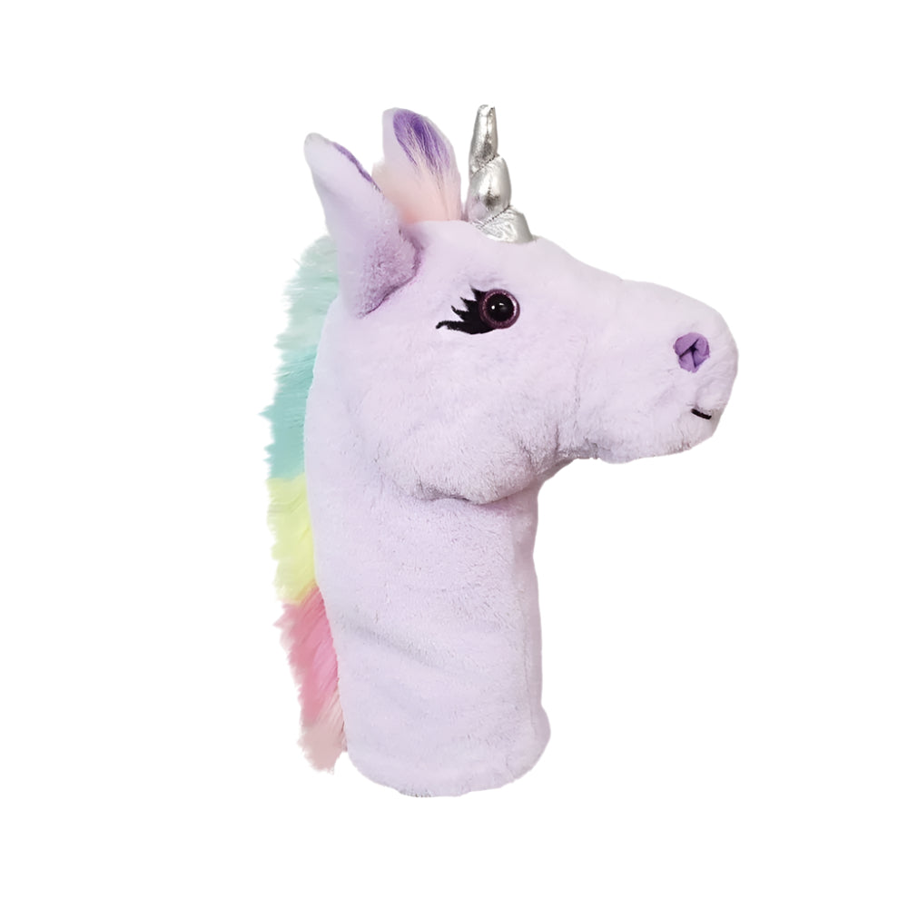 A purple unicorn golf club headcover with a rainbow mane and a pink heart detail.