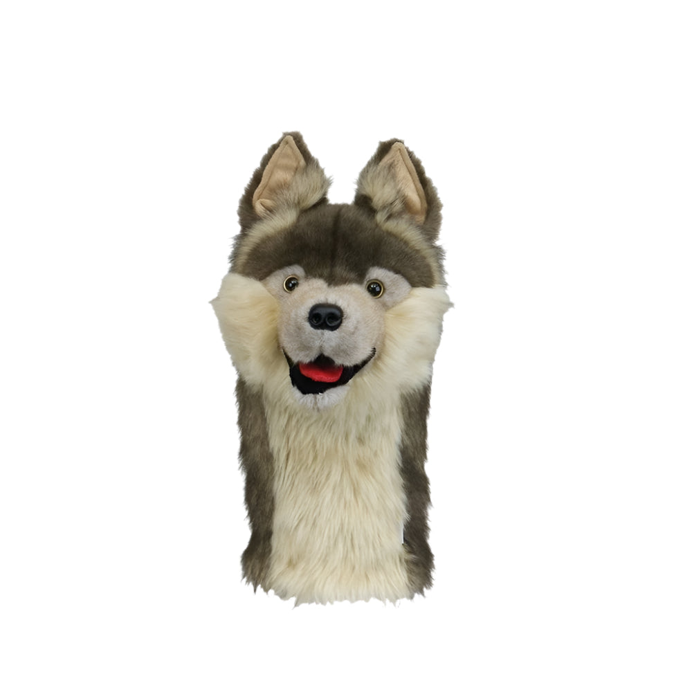 Golf club headcover featuring a cartoon depiction of a dog's head with a red collar.