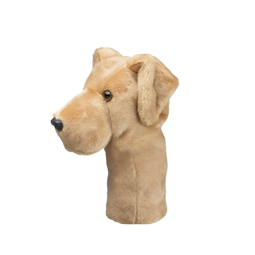 A beige golf club headcover designed to resemble a dog's head, with a logo and text overlay.