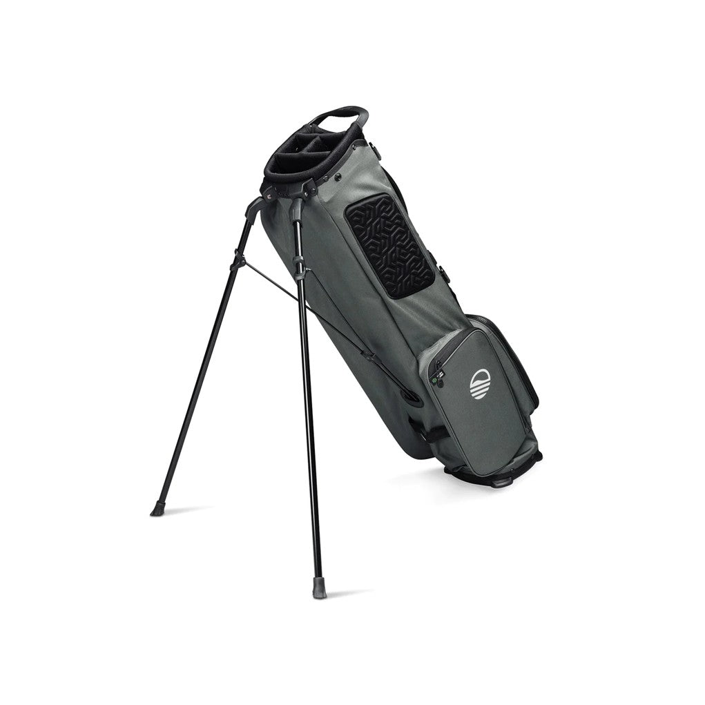 A gray Sunday Golf stand bag designed for golfers, featuring multiple pockets and a stand mechanism unfolded.