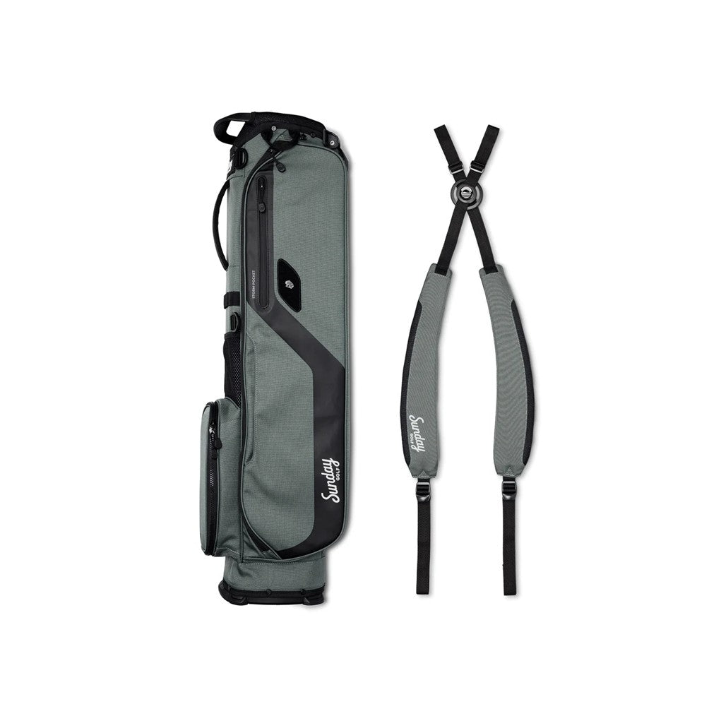 A gray Sunday Golf stand bag designed for golfers, featuring multiple pockets and a stand mechanism dismantled straps.