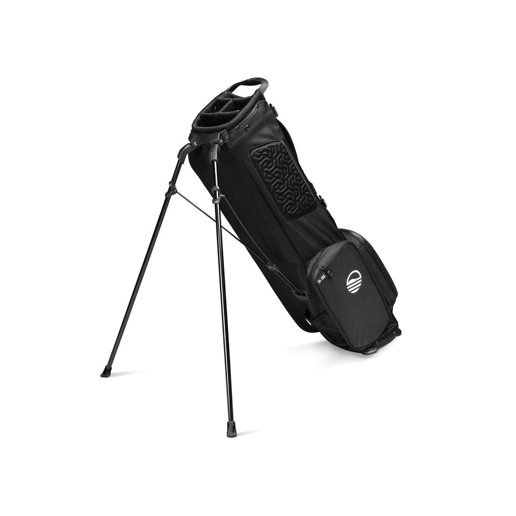 A black golf stand bag with multiple pockets and a dual-strap 4-way top divider, designed for holding up to 10 clubs. It is displayed on a white background, fully assembled and open. Unfolded