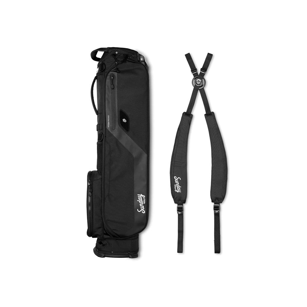 A black golf stand bag with multiple pockets and a dual-strap 4-way top divider, designed for holding up to 10 clubs. It is displayed on a white background, fully assembled, open, dismantled straps.
