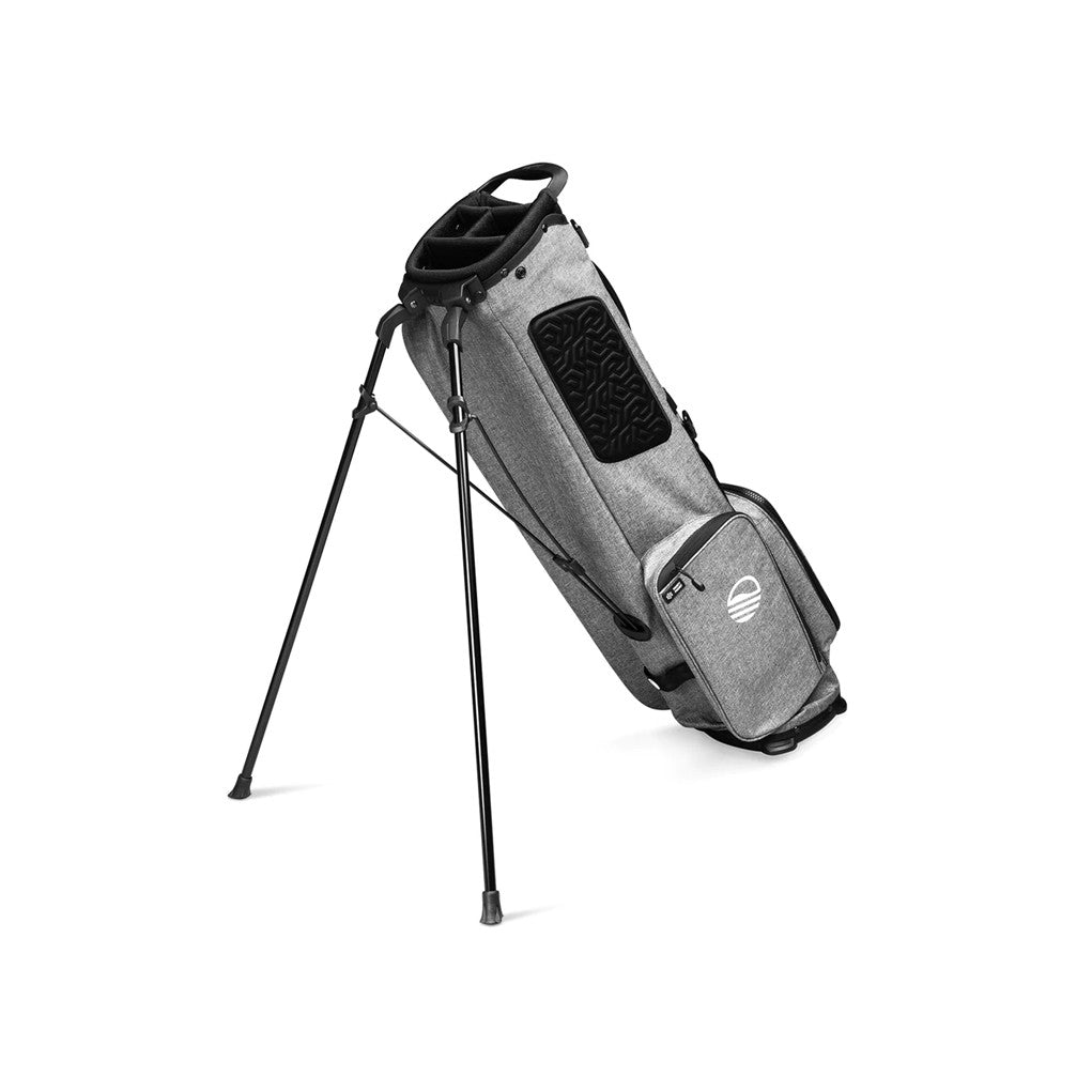 A gray Sunday Golf stand bag designed for golfers, featuring multiple pockets and a stand mechanism unfolded.
