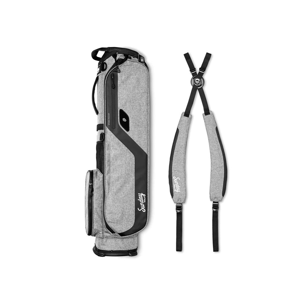 A gray Sunday Golf stand bag designed for golfers, featuring multiple pockets and a stand mechanism dismantled straps.