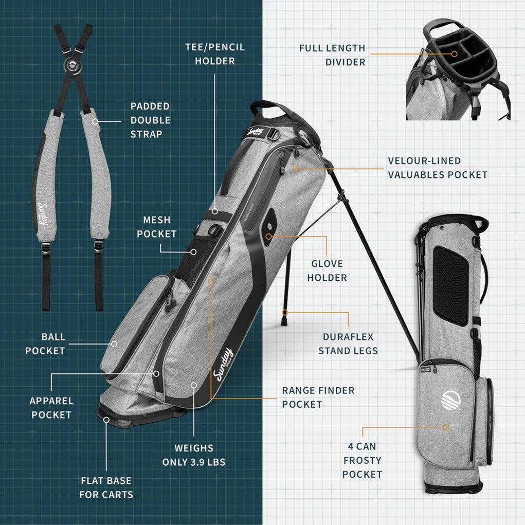 A gray Sunday Golf stand bag designed for golfers, featuring multiple pockets and a stand mechanism brochure.