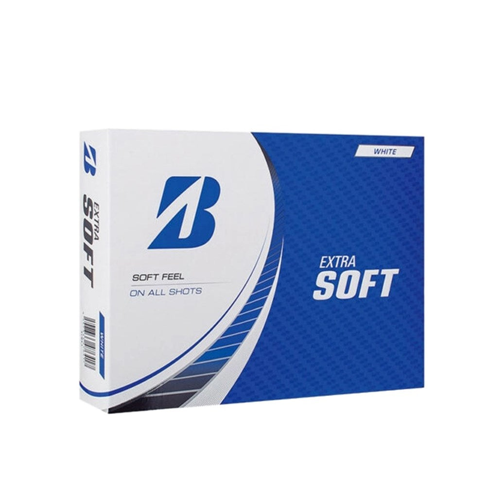 A box of Bridgestone Extra Soft white golf balls with blue and black accents on the packaging.