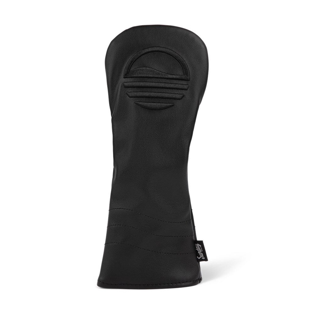 A black vegan leather fairway wood headcover with a circular logo emblem in the center.