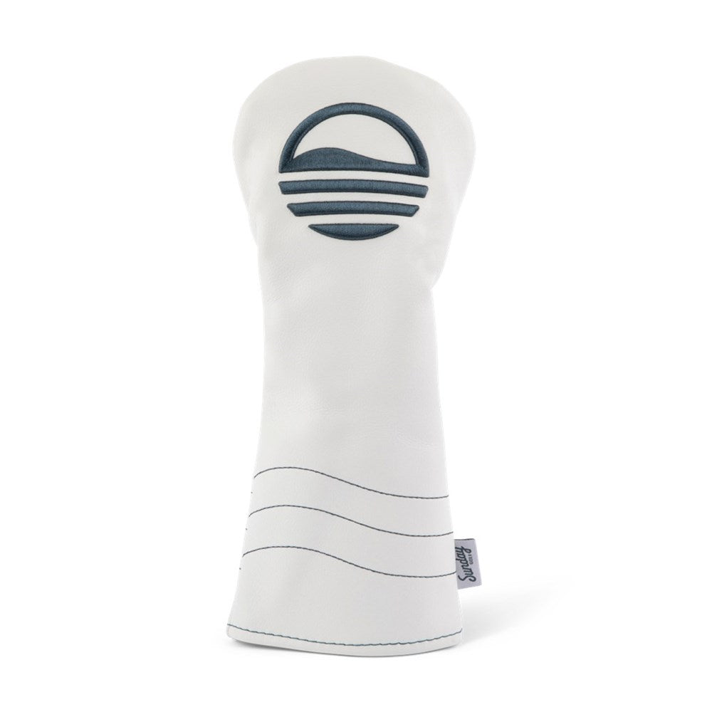 A white and navy vegan leather fairway wood headcover with a geometric design and a logo on the front.