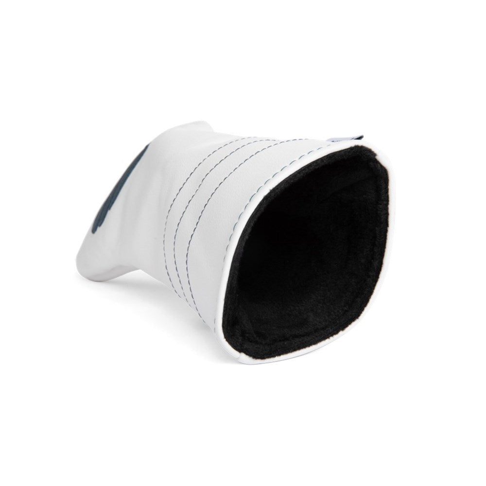A white and navy vegan leather fairway wood headcover with a geometric design and a logo on the front.