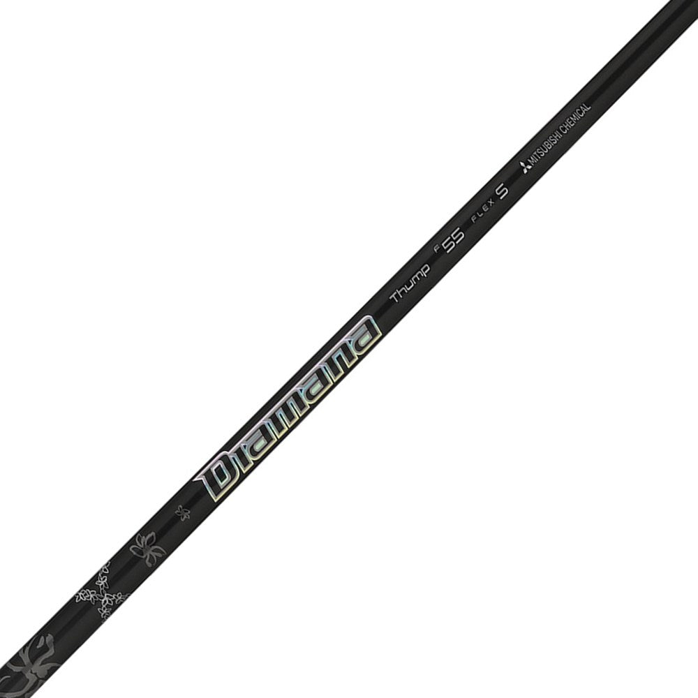 A single black Mitsubishi Chemical golf club shaft with white and gray text and design elements.