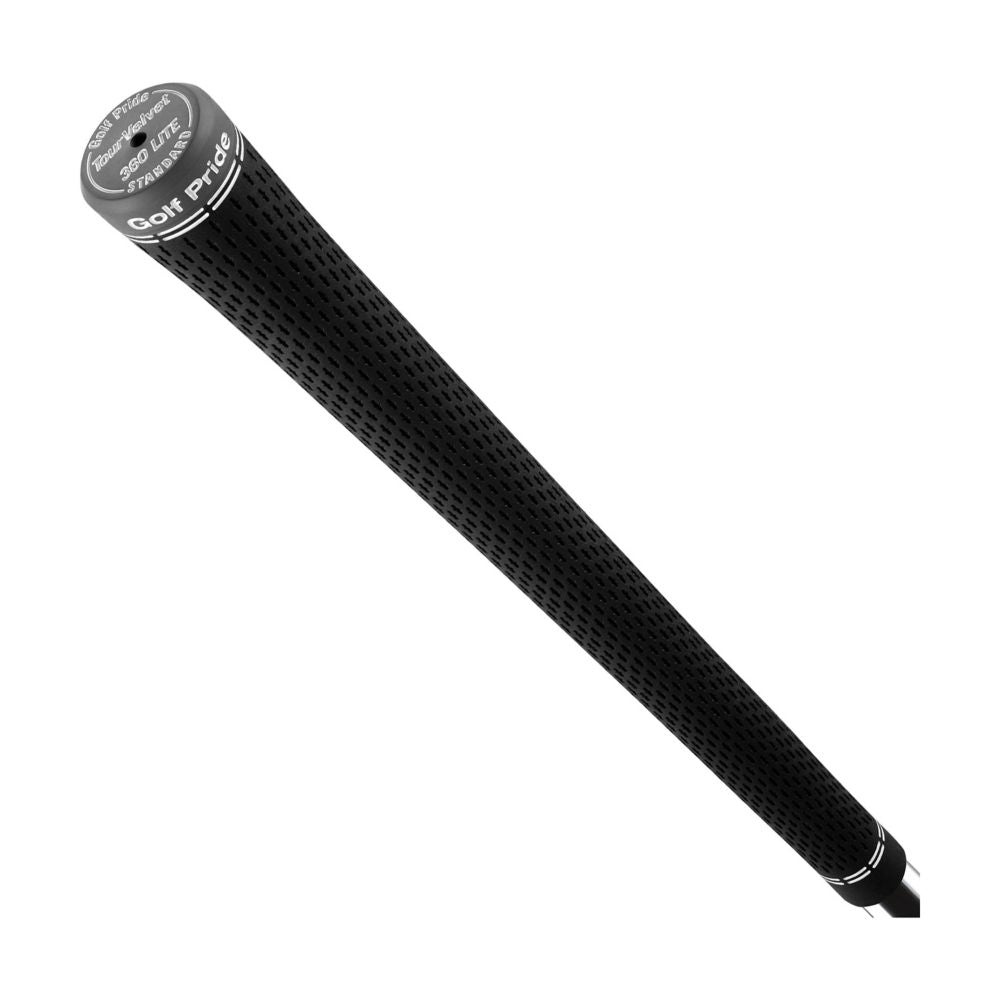 A black golf grip with white accent lines and a metal ferrule.