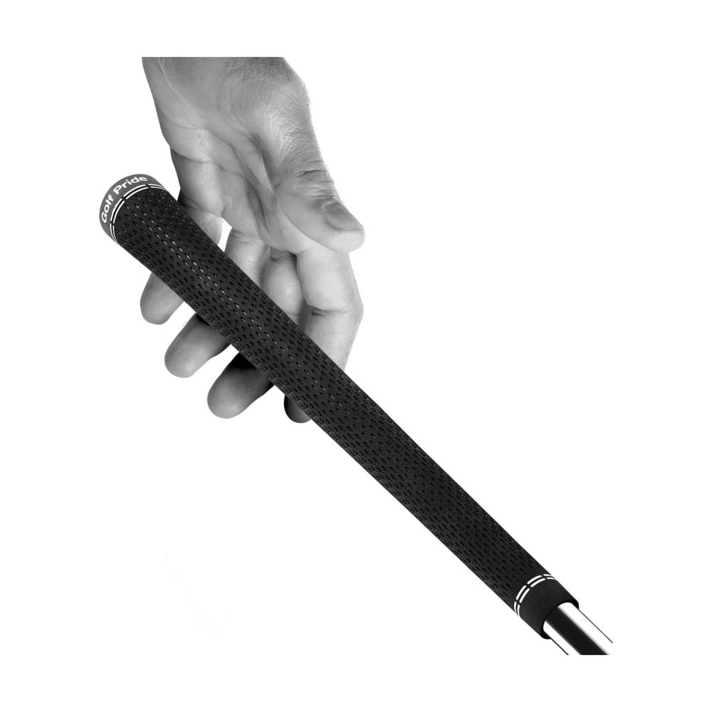 A black golf grip with white accent lines and a metal ferrule.