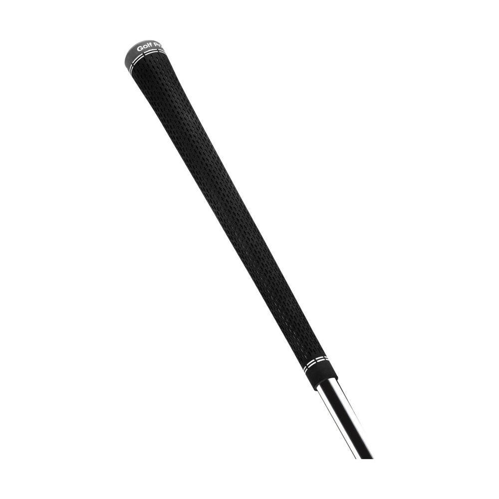 A black golf grip with white accent lines and a metal ferrule.