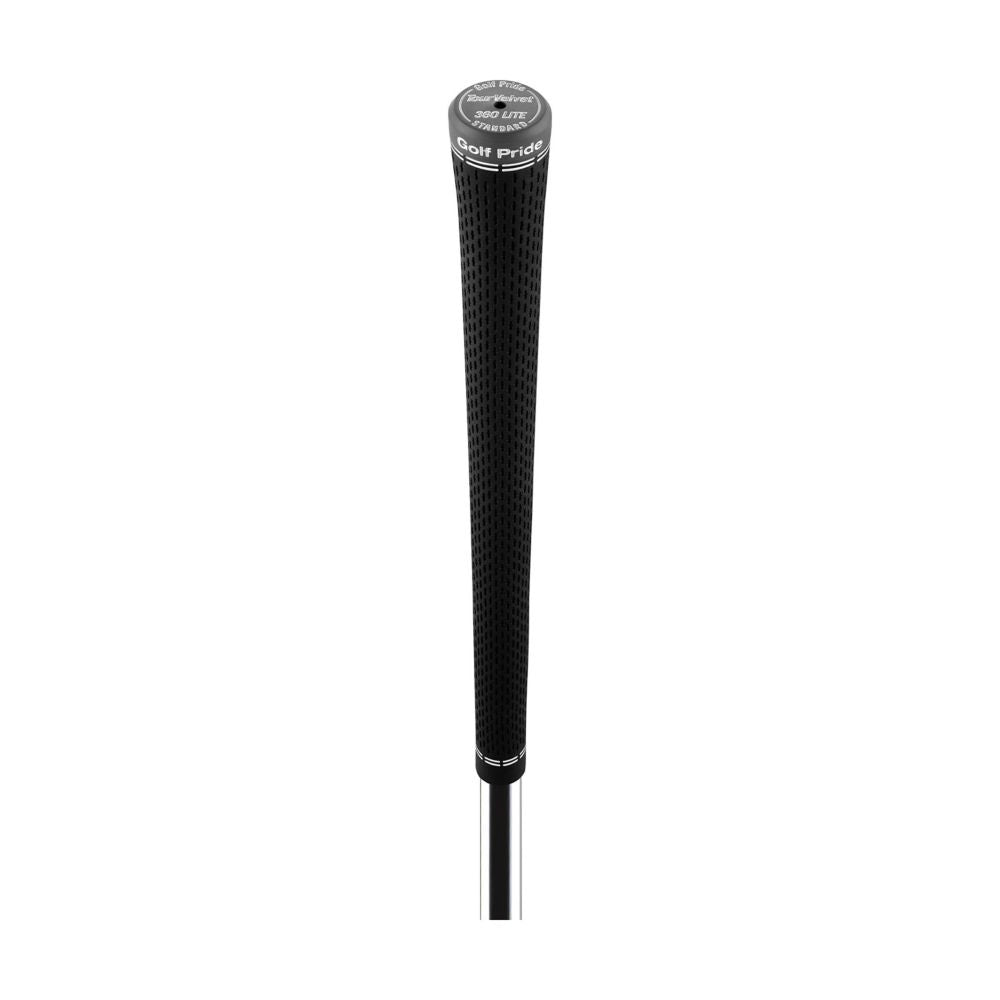 A black golf grip with white accent lines and a metal ferrule.