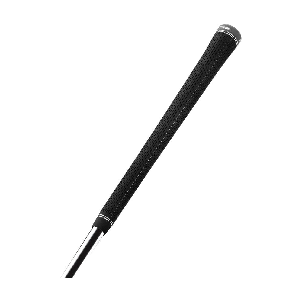 A black golf grip with white accent lines and a metal ferrule.