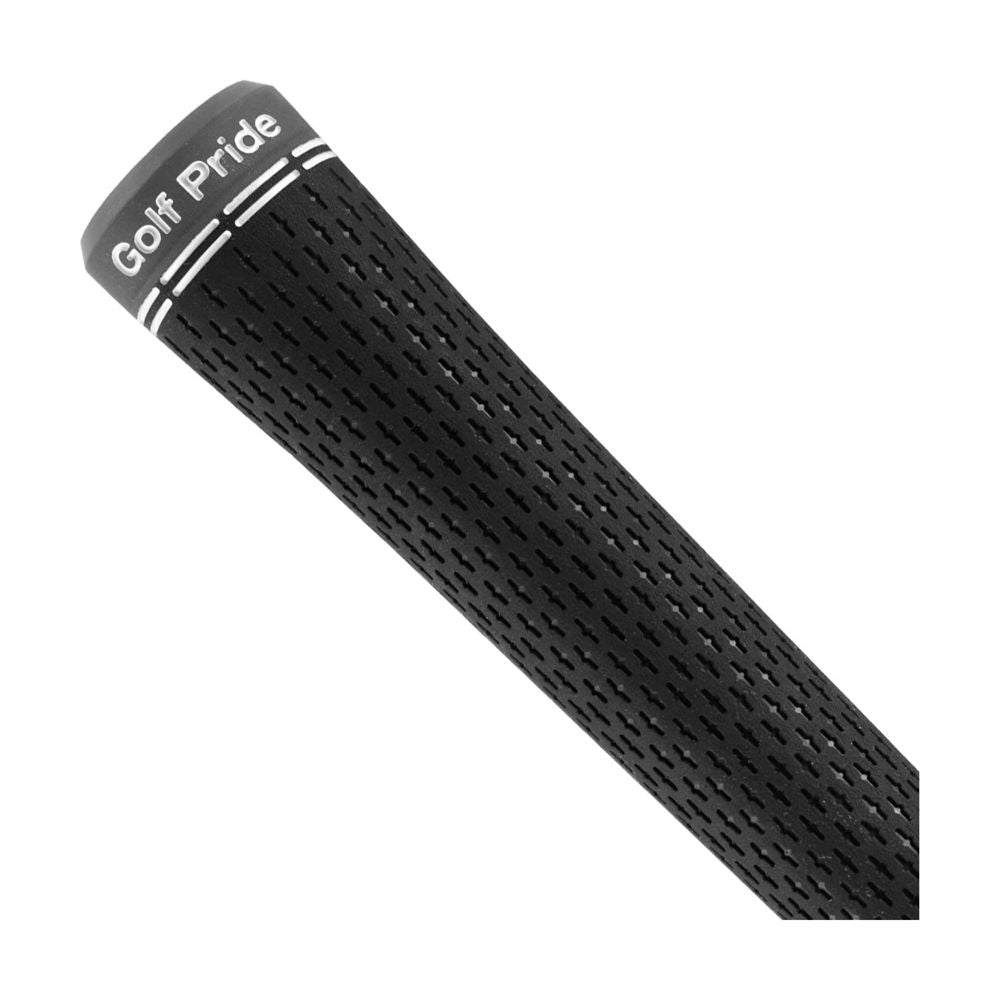 A black golf grip with white accent lines and a metal ferrule.