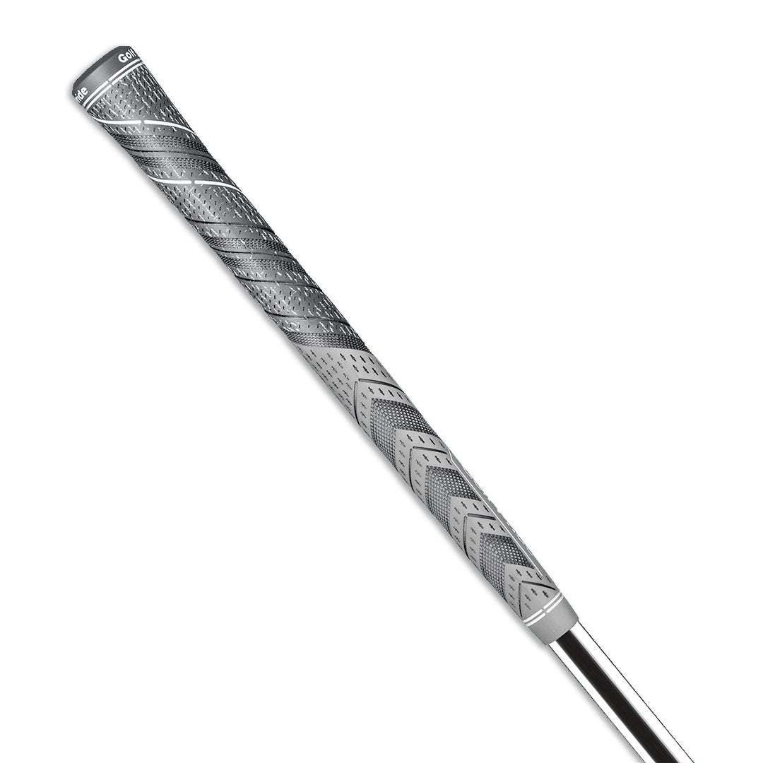 A close-up image of a golf club grip with a hybrid rubber and cord design, featuring blue and gray colors and raised texture patterns.