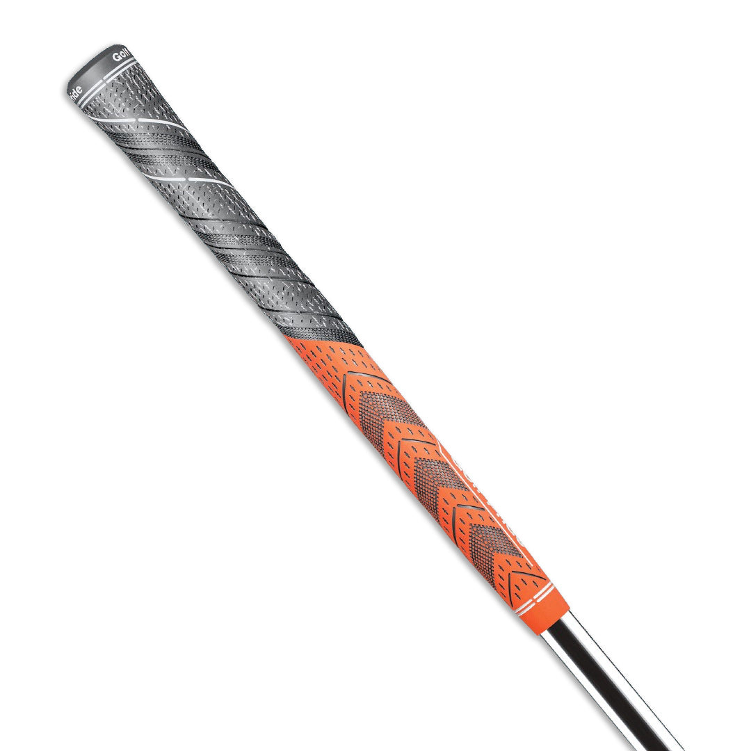 A close-up image of a golf club grip with a hybrid rubber and cord design, featuring blue and gray colors and raised texture patterns.