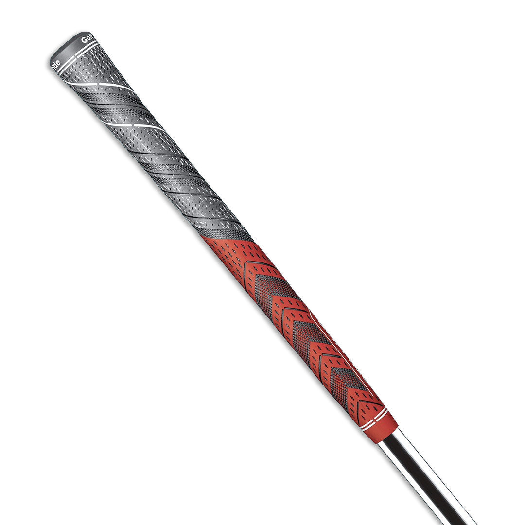 A close-up image of a golf club grip with a hybrid rubber and cord design, featuring blue and gray colors and raised texture patterns.