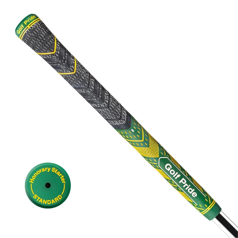 A limited edition Golf Pride golf club grip with a green and yellow color scheme and the text 'Golf Pride' and ' MCC Plus 4' displayed.