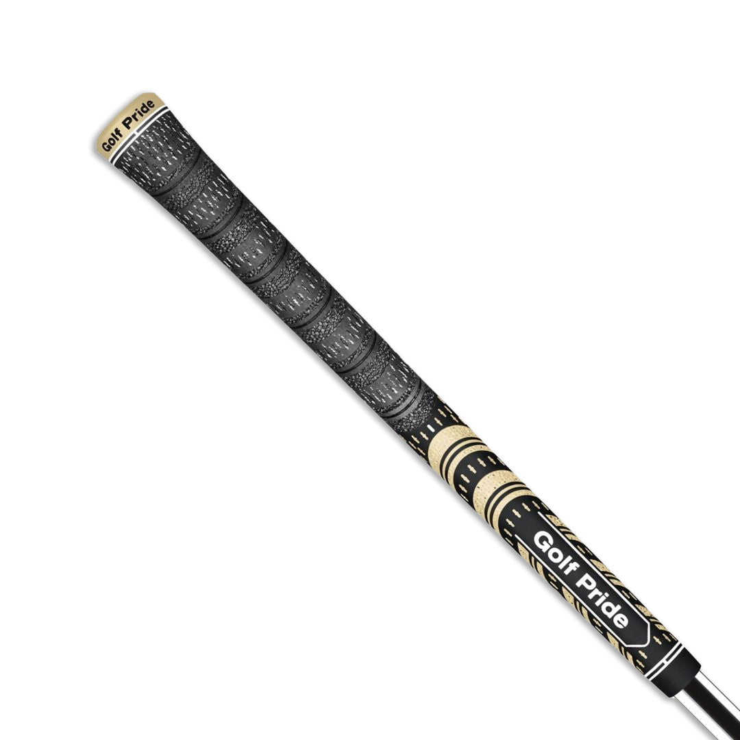 A gold and black Golf Pride midsize golf club grip with a pebbled texture and plus sign patterns.
