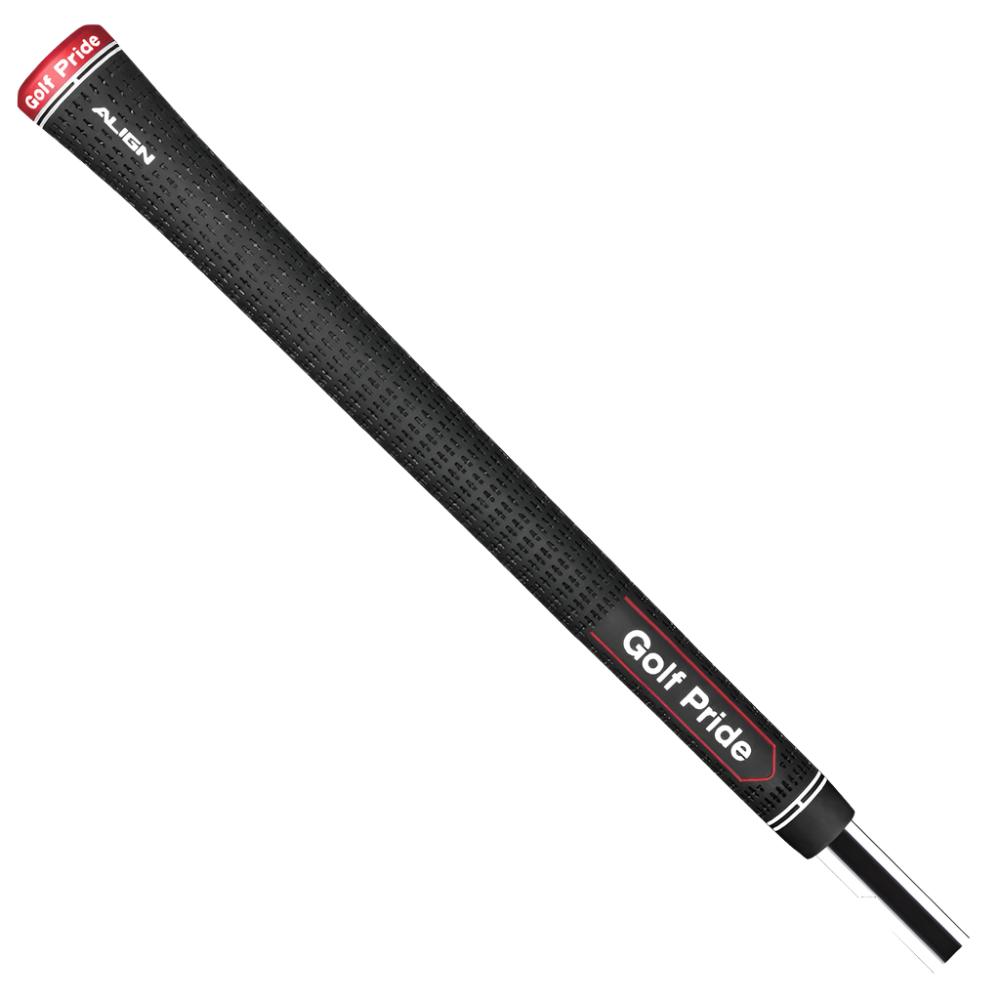 A black golf grip with red details and the brand name 'Golf Pride' written on it.