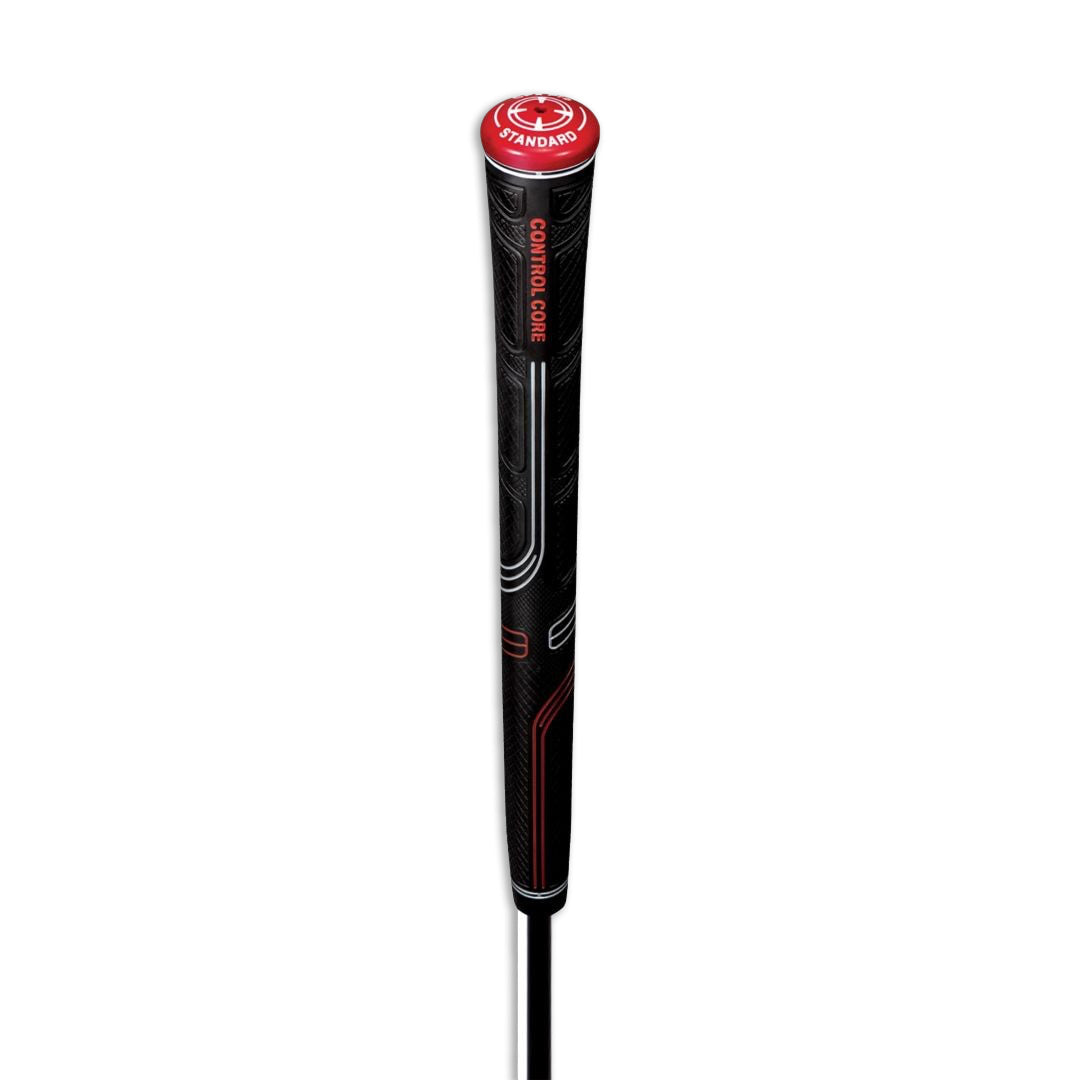 A black Golf Pride CP2 Pro golf club grip with red detailing.