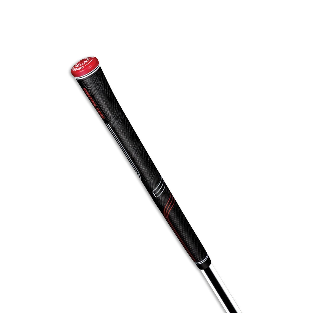 A black Golf Pride CP2 Pro golf club grip with red detailing.