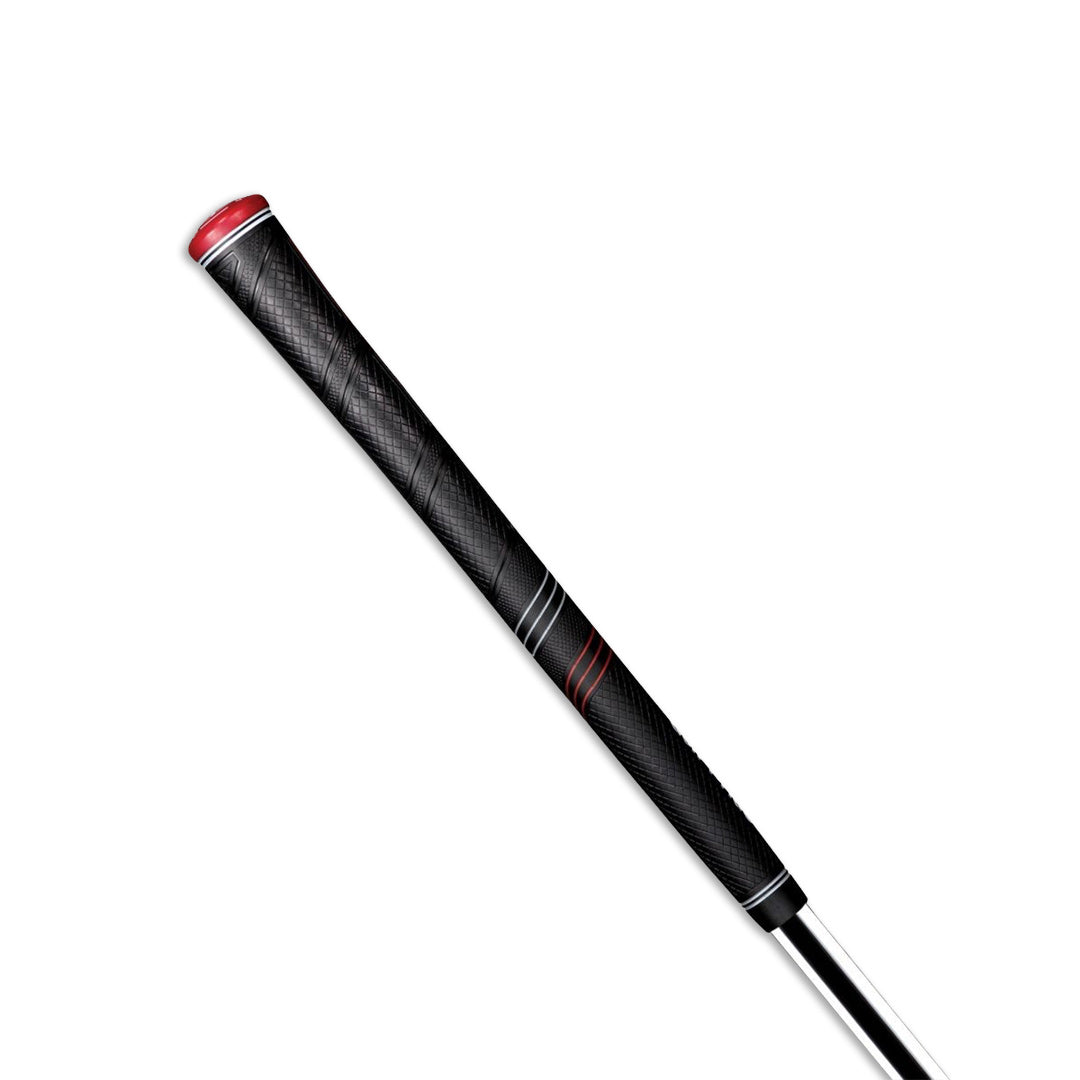 A black Golf Pride CP2 Pro golf club grip with red detailing.