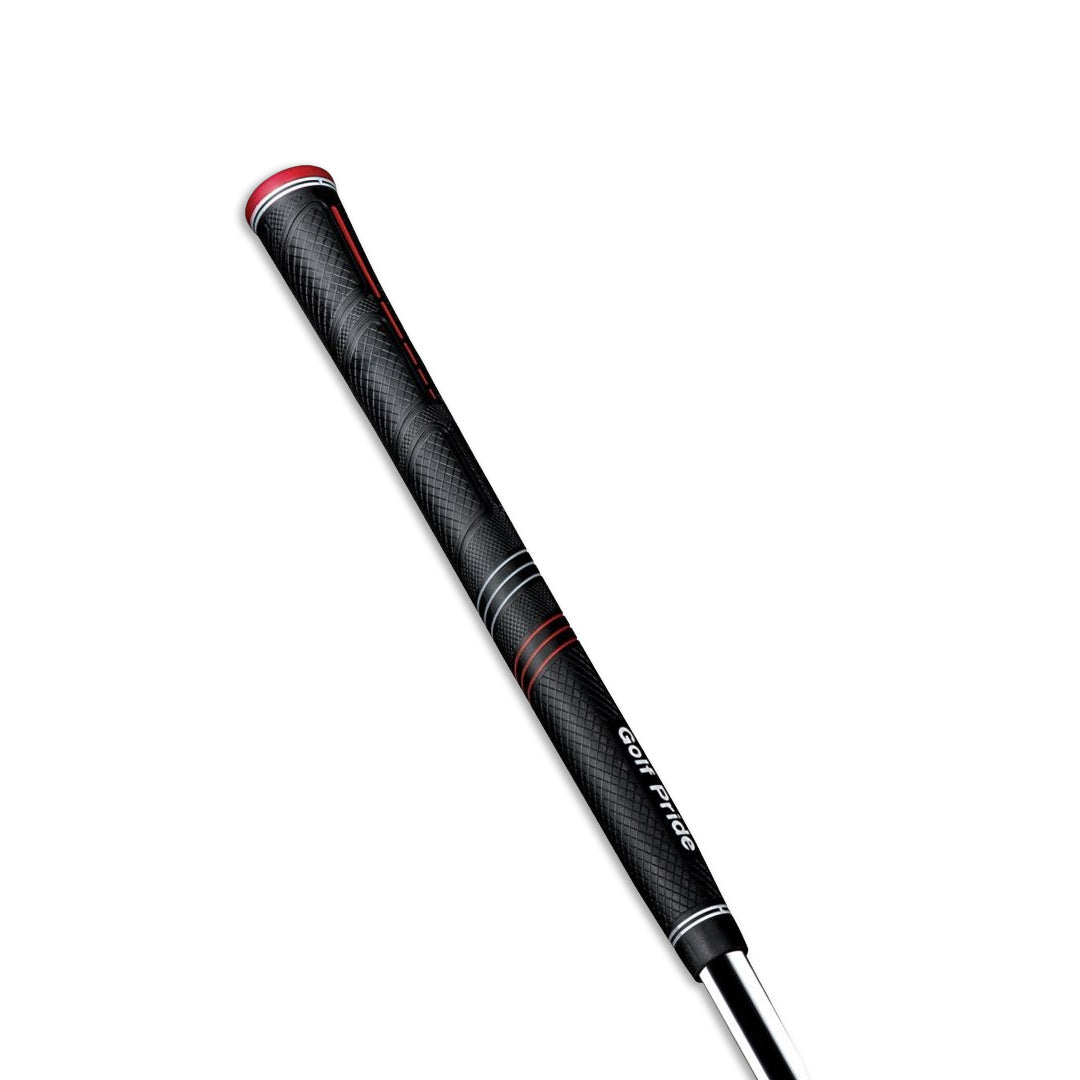 A black Golf Pride CP2 Pro golf club grip with red detailing.