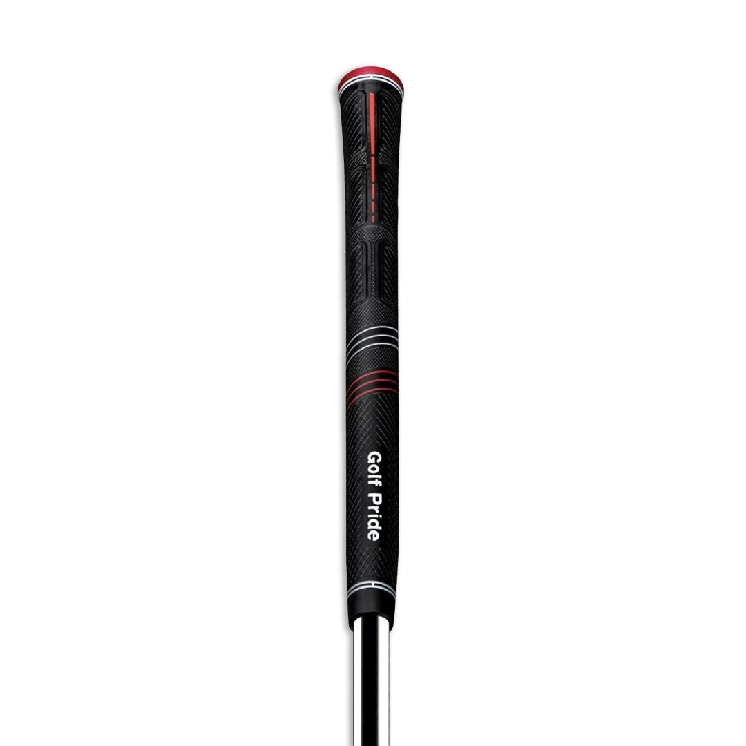 A black Golf Pride CP2 Pro golf club grip with red detailing. front view