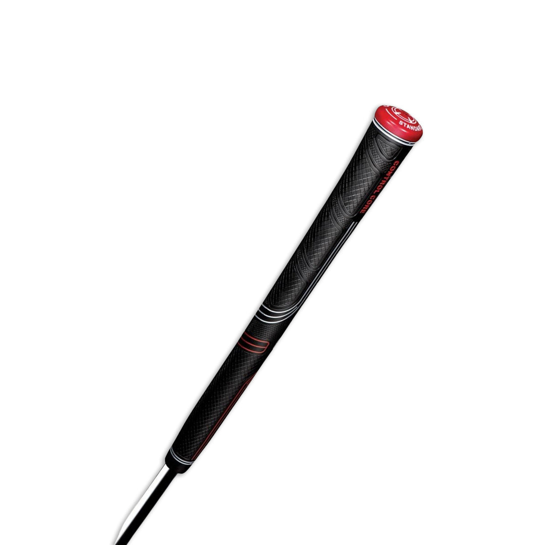 A black Golf Pride CP2 Pro golf club grip with red detailing. side view