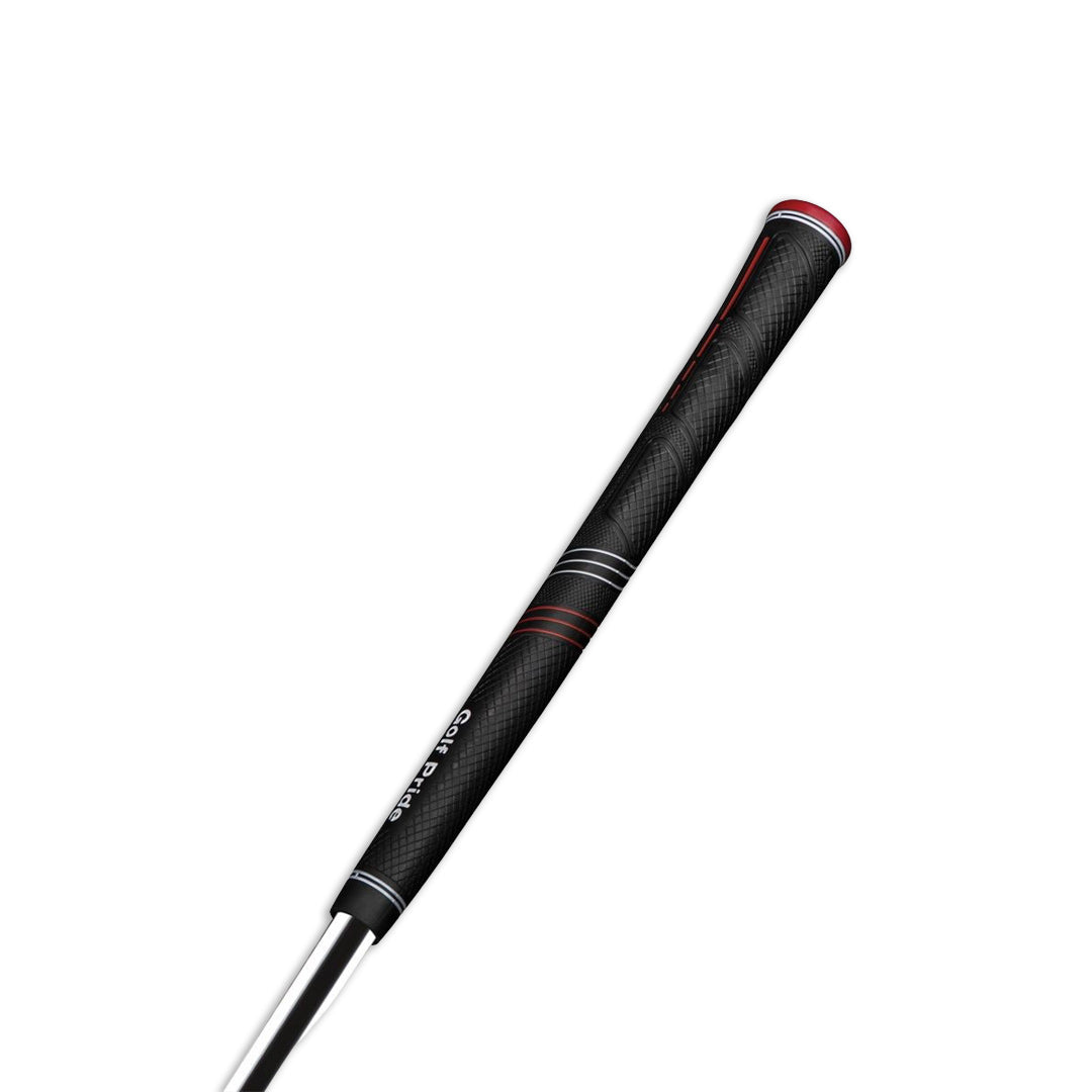 A black Golf Pride CP2 Pro golf club grip with red detailing. vertical view