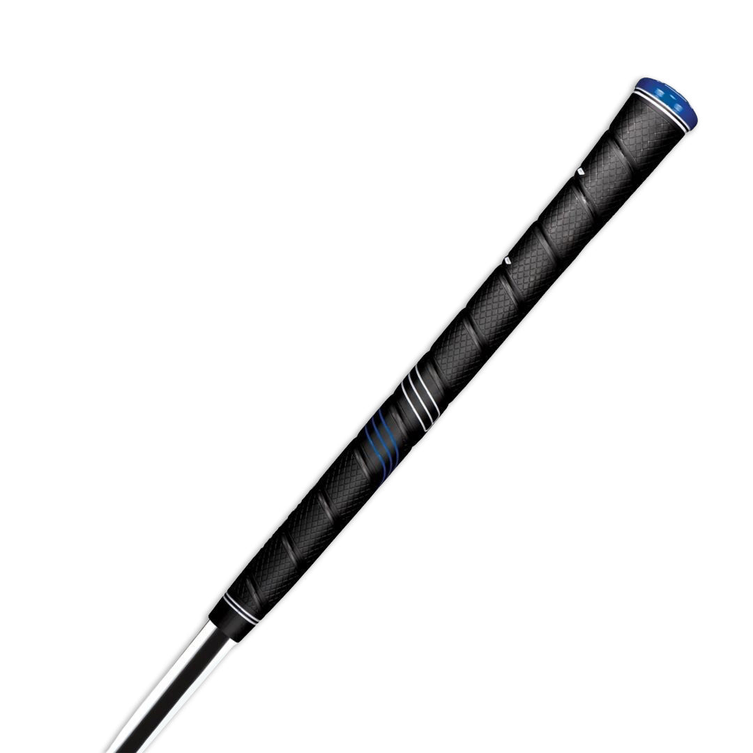 A black Golf Pride CP2 Wrap golf club grip with blue accents. Back view no logo just grip