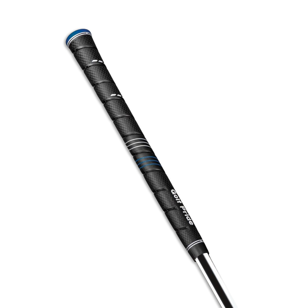 A black Golf Pride CP2 Wrap golf club grip with blue accents. side view