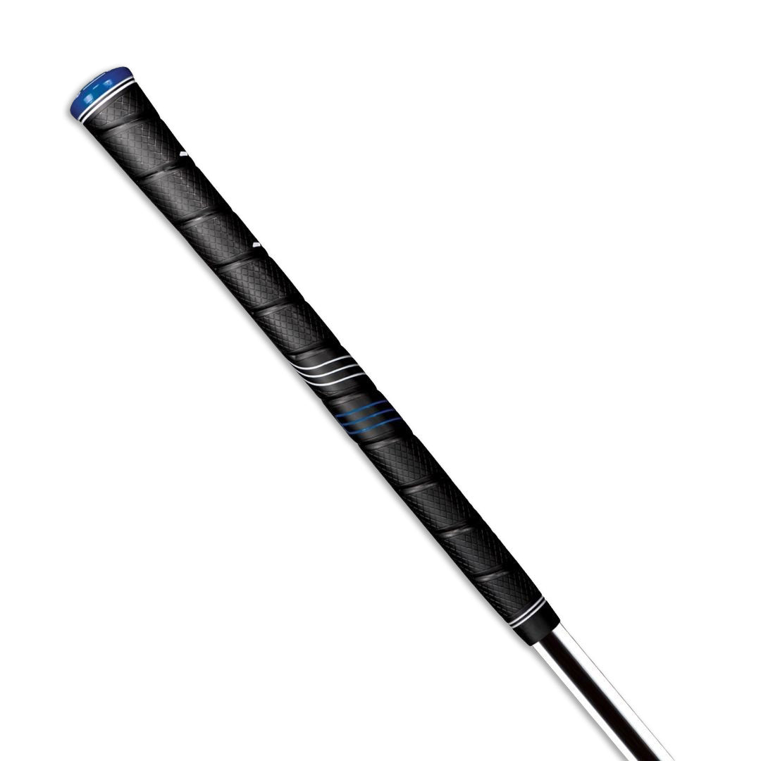 A black Golf Pride CP2 Wrap golf club grip with blue accents. back view