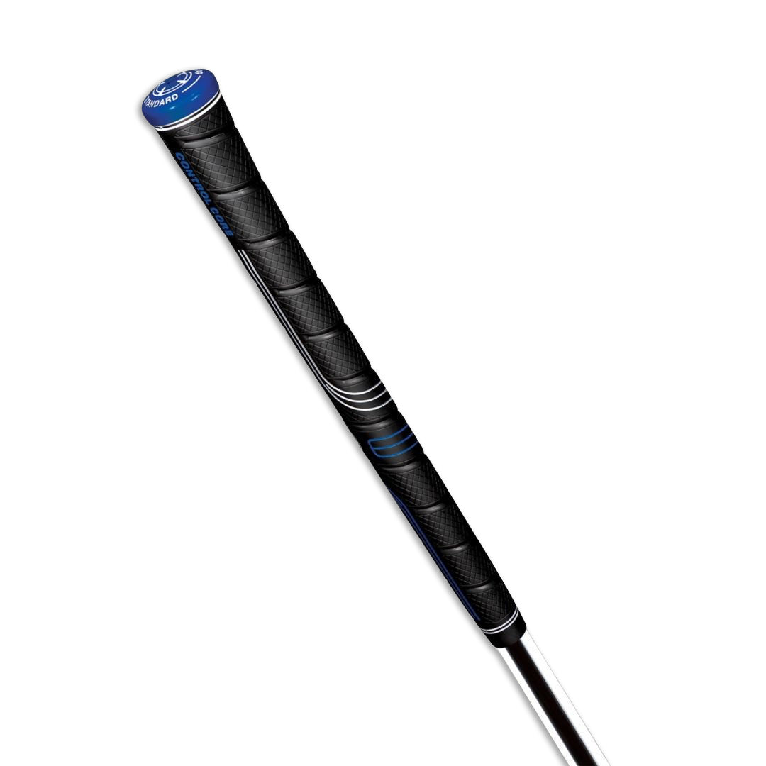 A black Golf Pride CP2 Wrap golf club grip with blue accents. vertical aspect