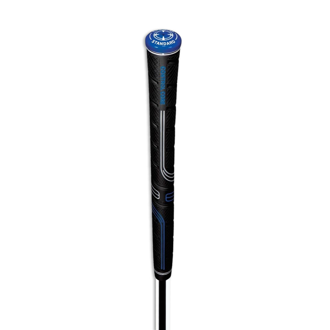 A black Golf Pride CP2 Wrap golf club grip with blue accents. full body view