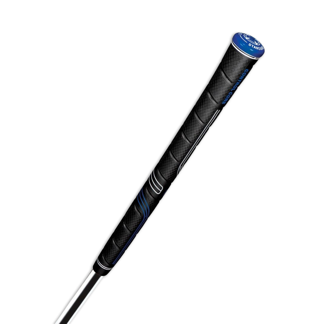 A black Golf Pride CP2 Wrap golf club grip with blue accents. vertical photograph