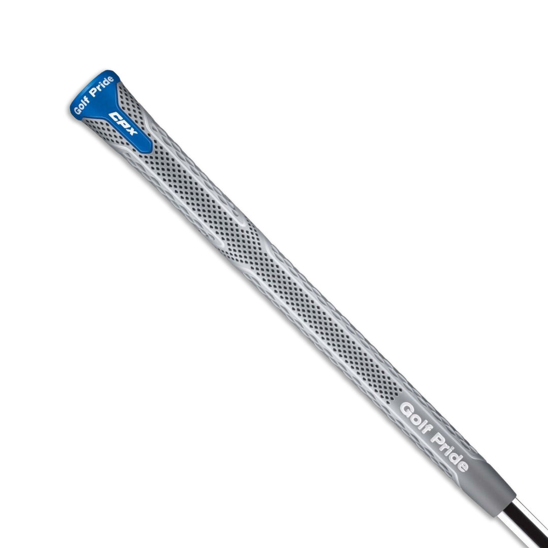 A close-up image of a Golf Pride brand golf club grip with a diamond-quilted pattern and blue detailing.