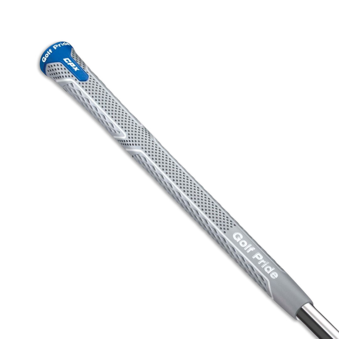 A close-up image of a Golf Pride brand golf club grip with a perfect hand grip print back aspects