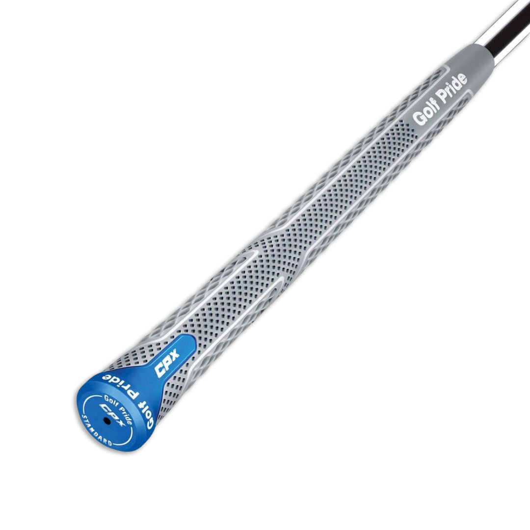 A close-up image of a Golf Pride brand golf club grip with a perfect hand grip print with top view and visible branding