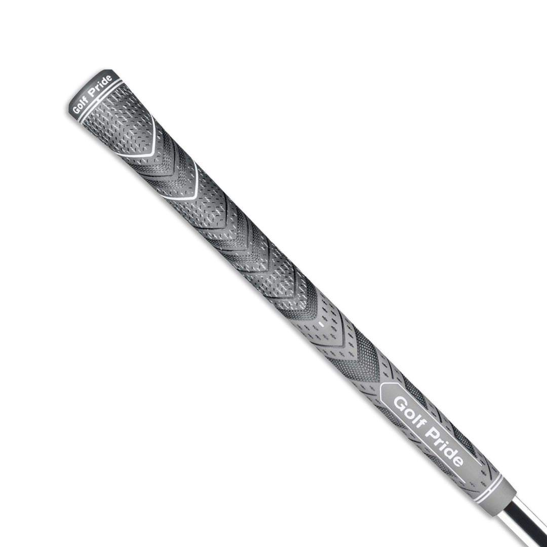 A close-up image of a black and white golf club grip with a red raised ridge and the brand 'Golf Pride' visible.