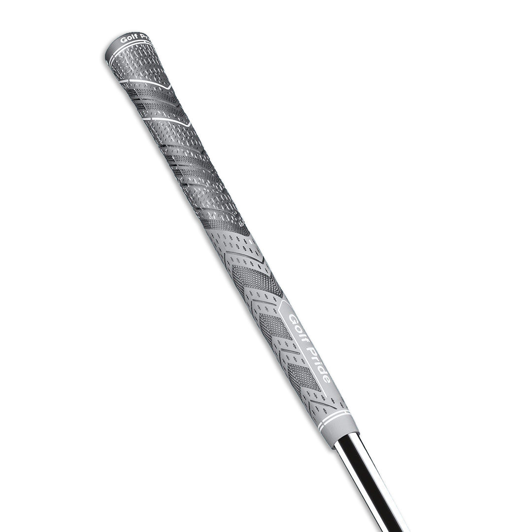A close-up image of a black and white golf club grip with a red raised ridge and the brand 'Golf Pride' visible. side profile