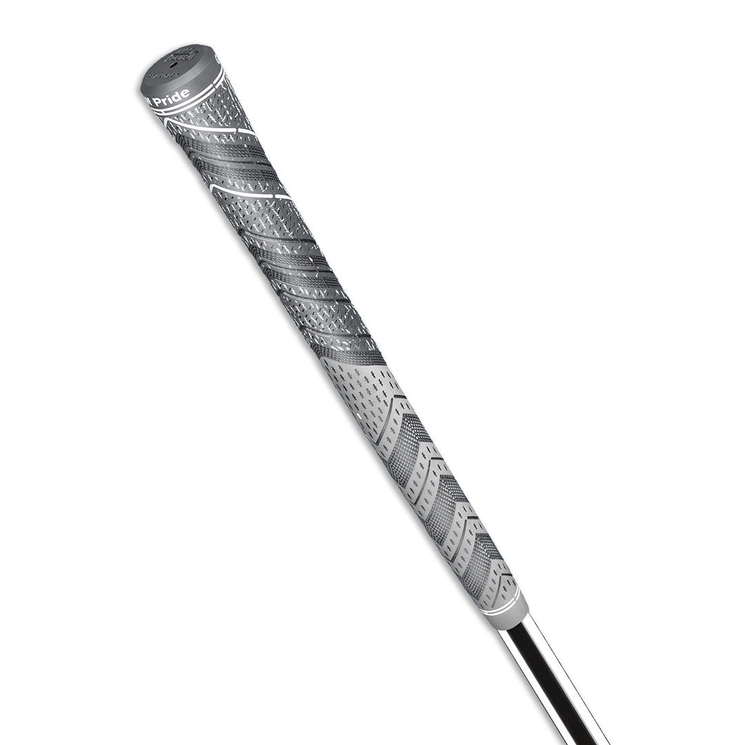 A close-up image of a black and white golf club grip with a red raised ridge and the brand 'Golf Pride' visible. vertical view